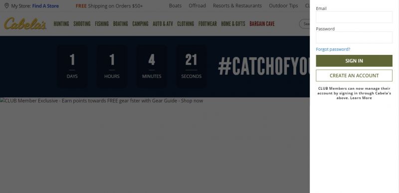 Cabela's credit card login page